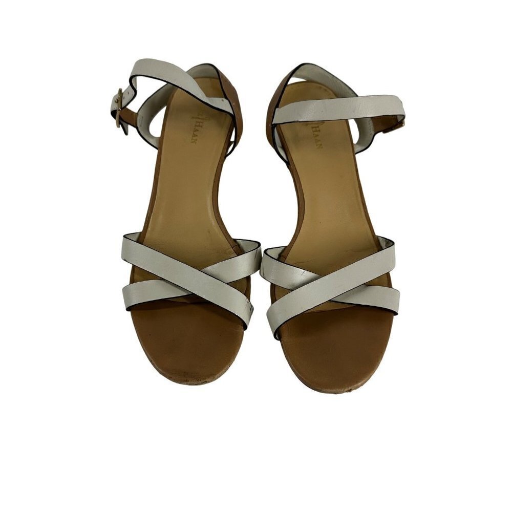 * Cole Haan Melrose Off White Beige Gold Trim Wedge Heel Sandals Ankle Closure 8